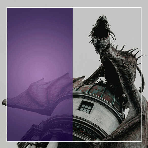 An animated advertisement. A dragon perched atop a building staring down at the viewer. The text says 'Any last words? Make sure they're heard.' The shapes around the sides slide in and out of frame.